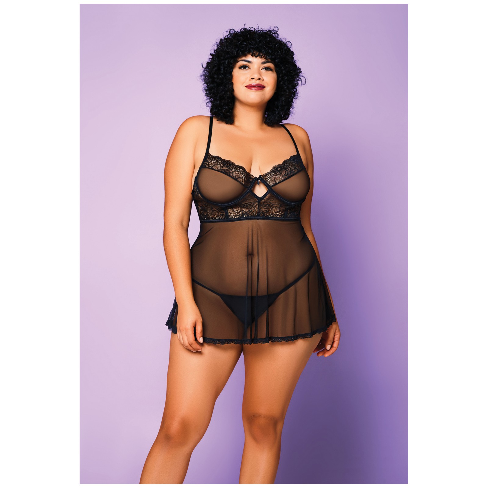 Babydoll de Malla Suave y G-String - Negro 3X