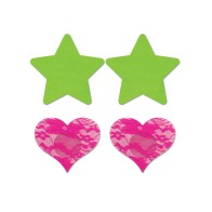 Fantasy UV Reactive Neon Star & Lace Heart Pasties - Green & Pink O/S