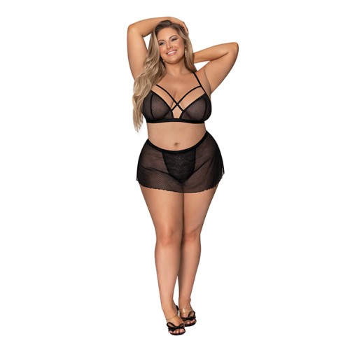 Girl Next Door Strappy Bralette & Flirty Thong Skirt - Black 2X