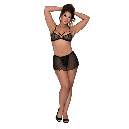 Girl Next Door Strappy Bralette & Flirty Thong Skirt Black L/XL