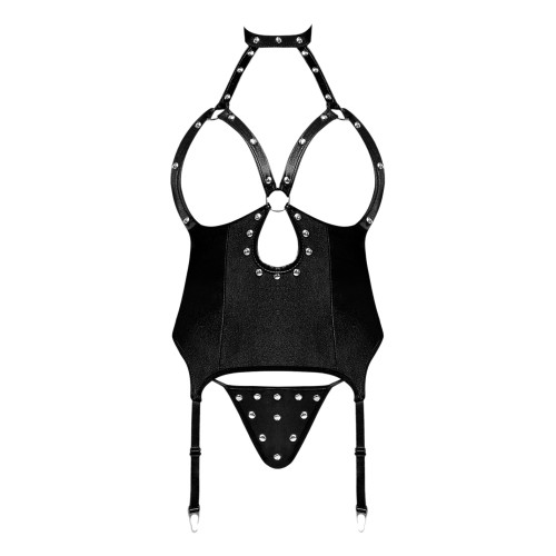 Corset Cupless Lust Mistress con Collar Choker de Velcro, Liga de Metal y Tanga - Negro T/L