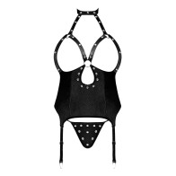 Corset Cupless Lust Mistress con Collar Choker de Velcro, Liga de Metal y Tanga - Negro T/L