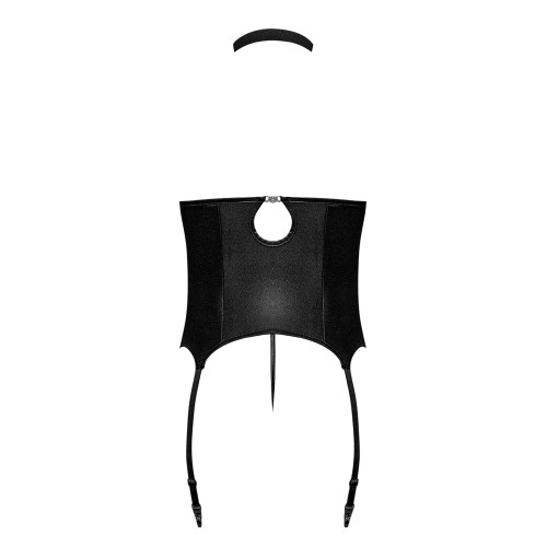 Corset Cupless Lust Mistress con Collar Choker de Velcro, Liga de Metal y Tanga - Negro T/L