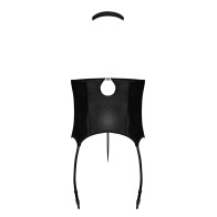 Corset Cupless Lust Mistress con Collar Choker de Velcro, Liga de Metal y Tanga - Negro T/L