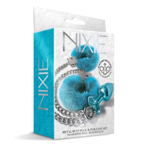 Nixie Metal Butt Plug with Inlaid Jewel & Fur Cuff Set - Blue Metallic