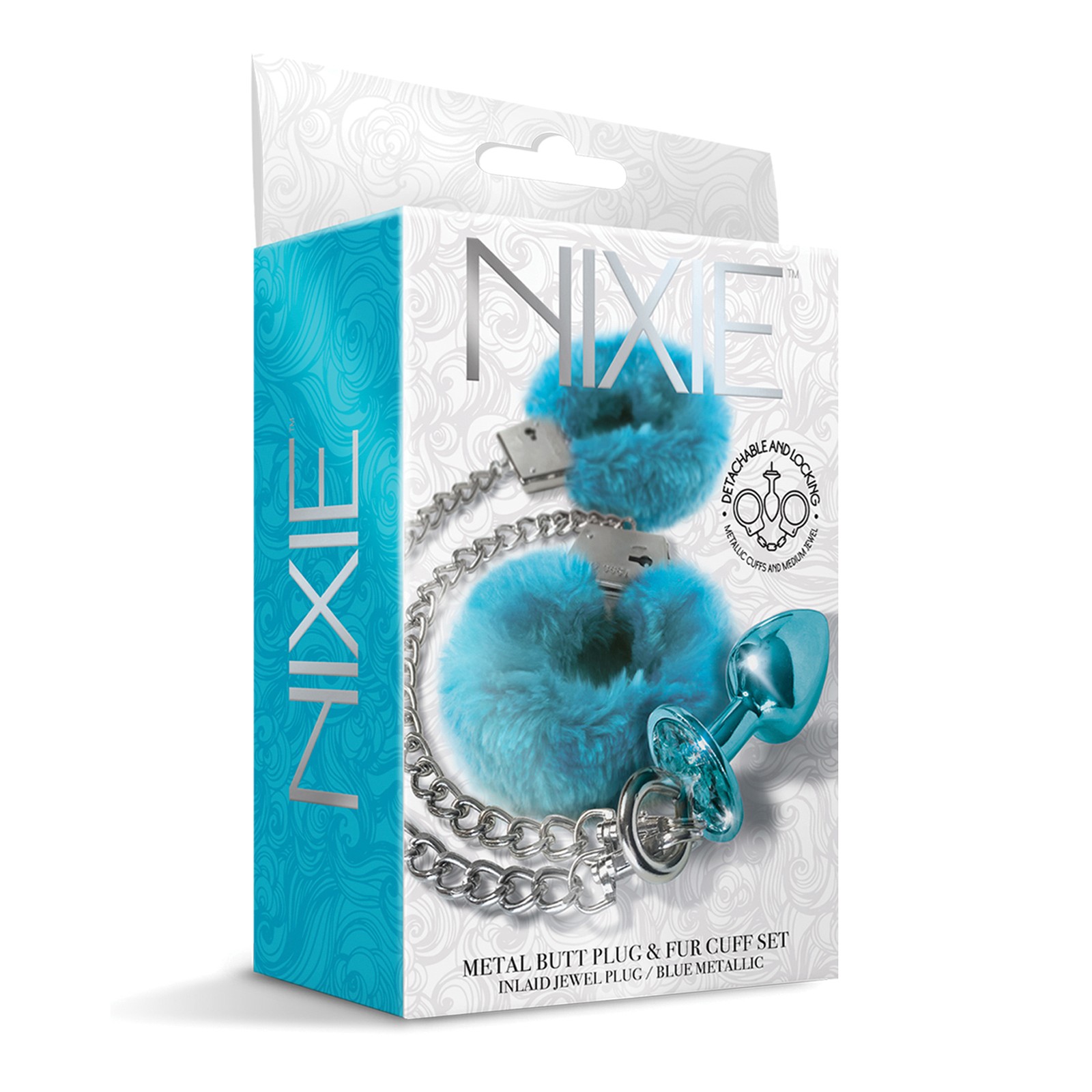 Plug Anal Metálico Nixie con Joya Incrustada & Juego de Puños de Piel - Azul Metálico