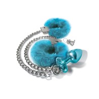 Nixie Metal Butt Plug with Inlaid Jewel & Fur Cuff Set - Blue Metallic