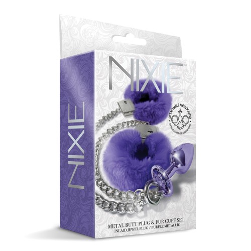 Plug Anal de Metal Nixie con Joya y Esposas de Piel Morado