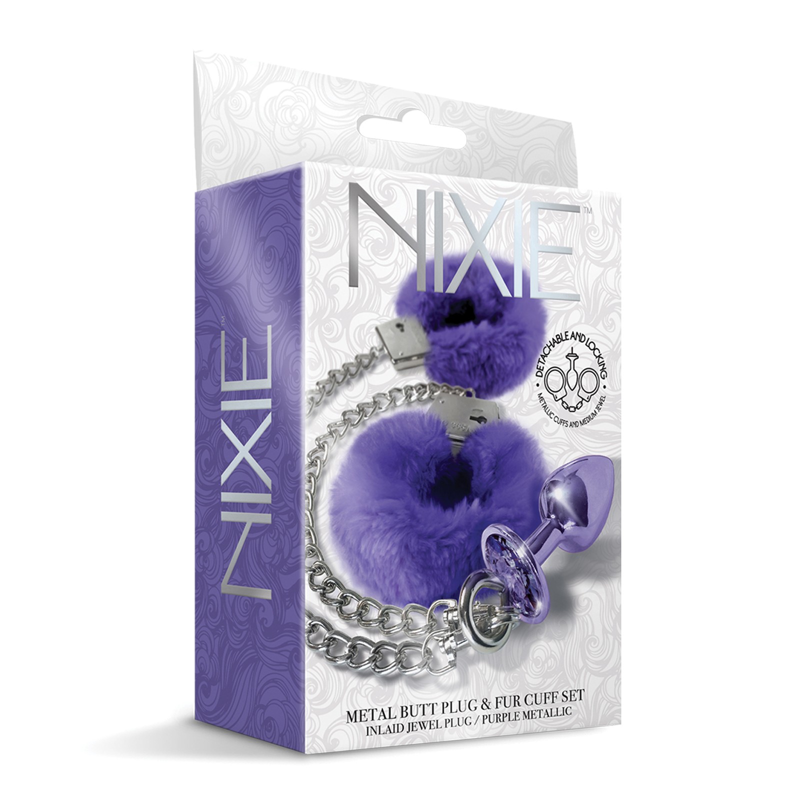 Nixie Metal Butt Plug Jewel Fur Cuff Set Purple