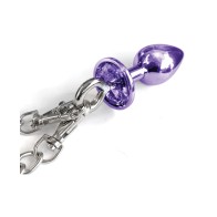 Plug Anal de Metal Nixie con Joya y Esposas de Piel Morado