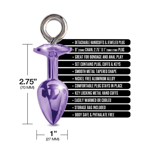 Plug Anal de Metal Nixie con Joya y Esposas de Piel Morado