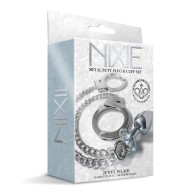 Nixie Metal Butt Plug with Jewel & Fur Cuff Set - Silver Metallic