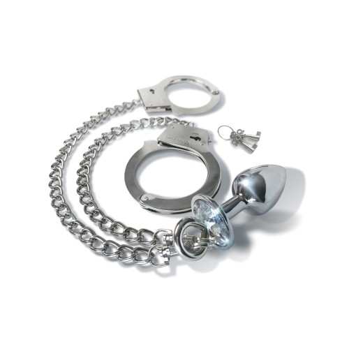 Nixie Metal Butt Plug with Jewel & Fur Cuff Set - Silver Metallic