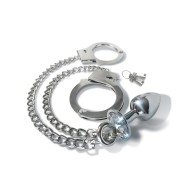 Nixie Metal Butt Plug with Jewel & Fur Cuff Set - Silver Metallic