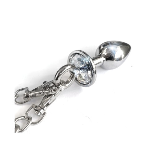 Nixie Metal Butt Plug with Jewel & Fur Cuff Set - Silver Metallic