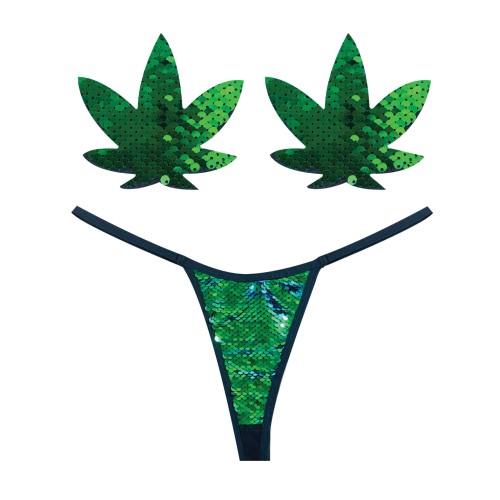 G-String Neva Nude con Lentejuelas de Hojas de Cannabis