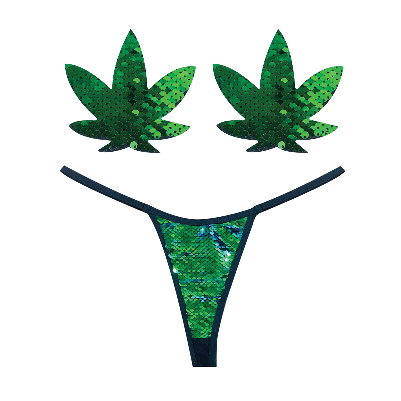 G-String Neva Nude con Lentejuelas de Hojas de Cannabis