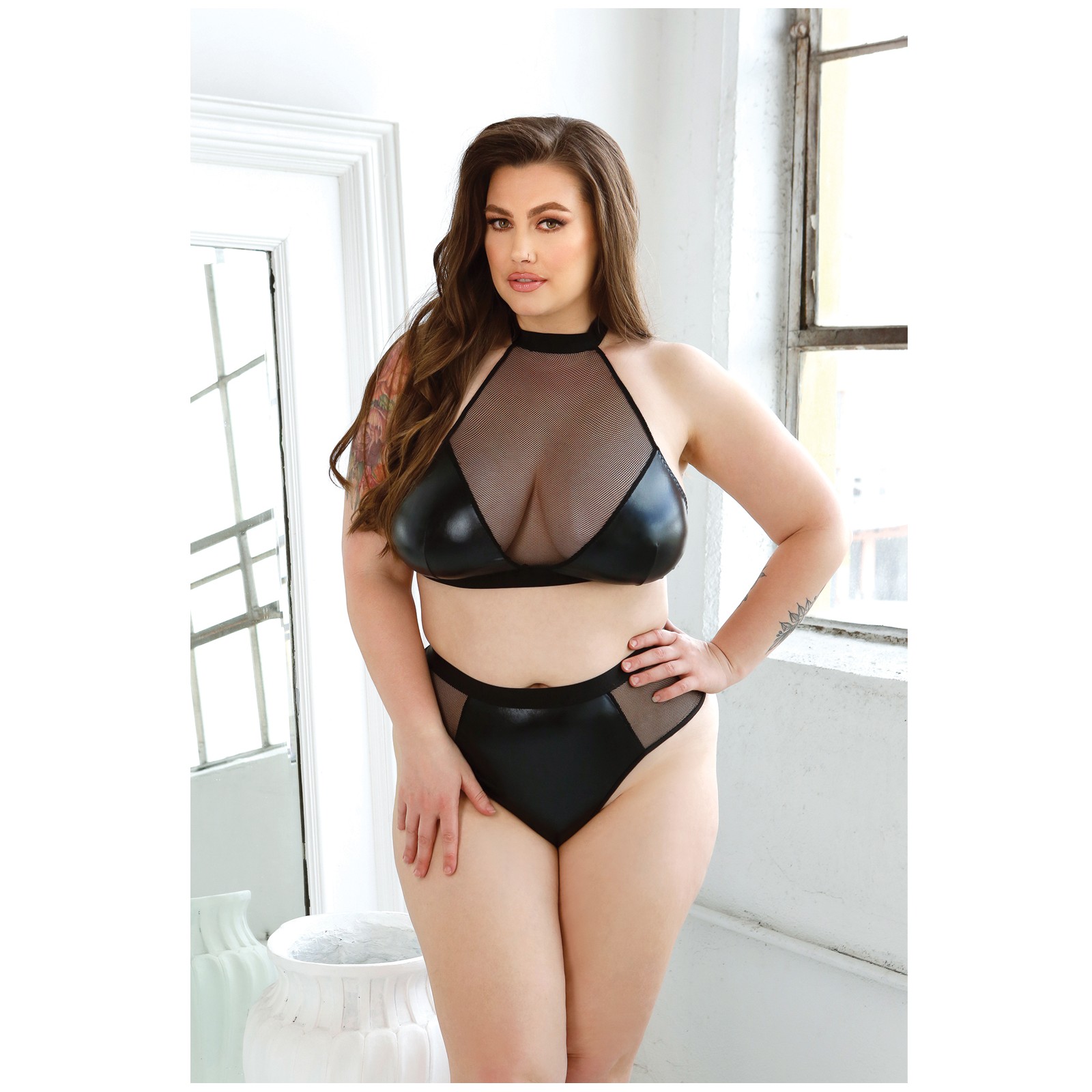 Curve Rebel Removable Chain Halter Top and Panty Black 3X/4X