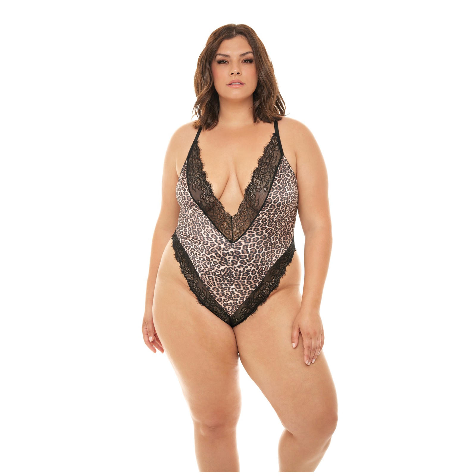 Jolene Satin Teddy Plunging Neckline Leopard/Black 3X/4X