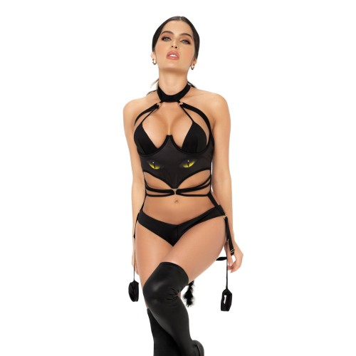 Cat Girl Bodysuit with Wrist Straps - Black