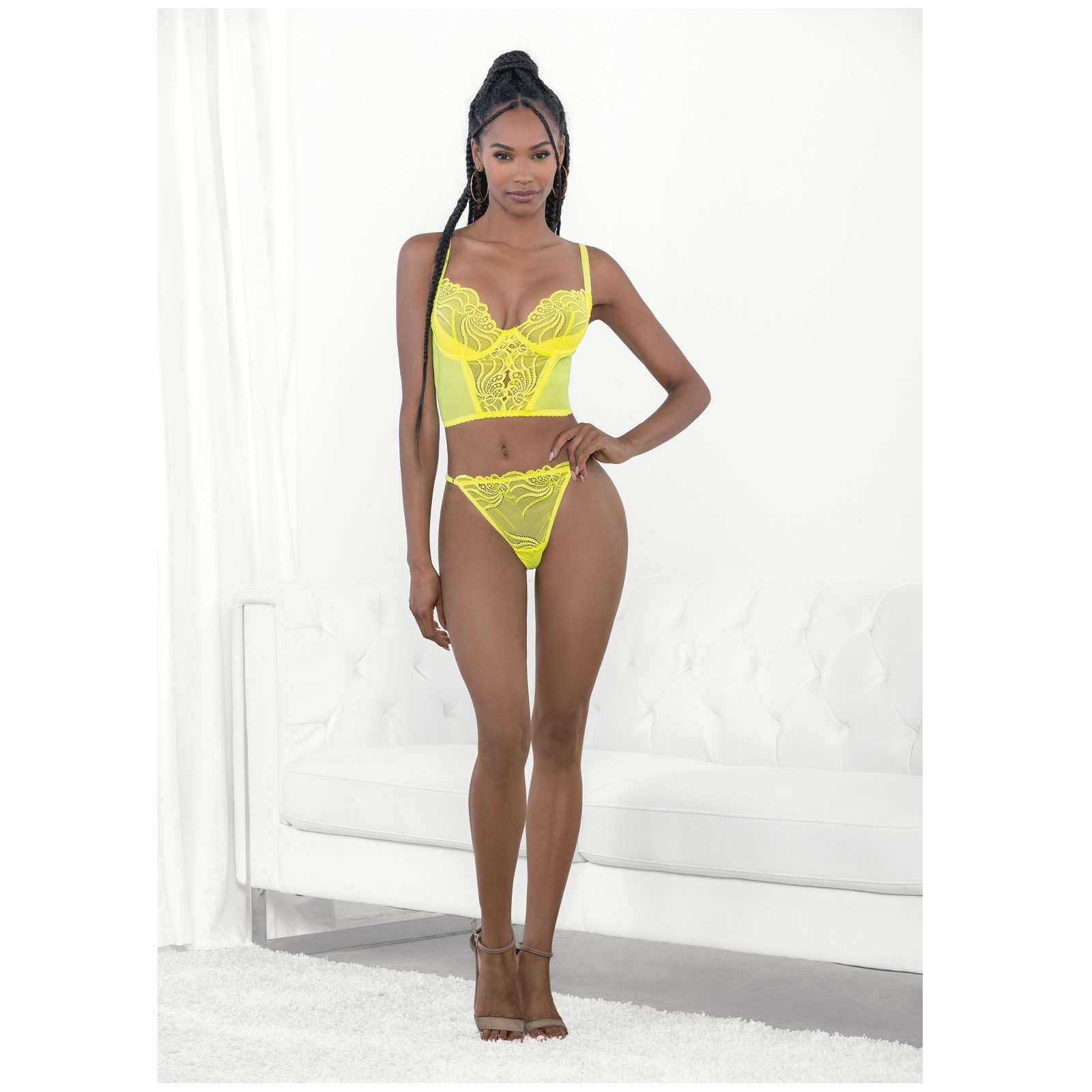 Neon Lace Corset Top and Panty Set - Neon Lime