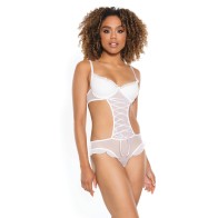 Stretch Mesh Ruffled Crotchless Teddy - White MD