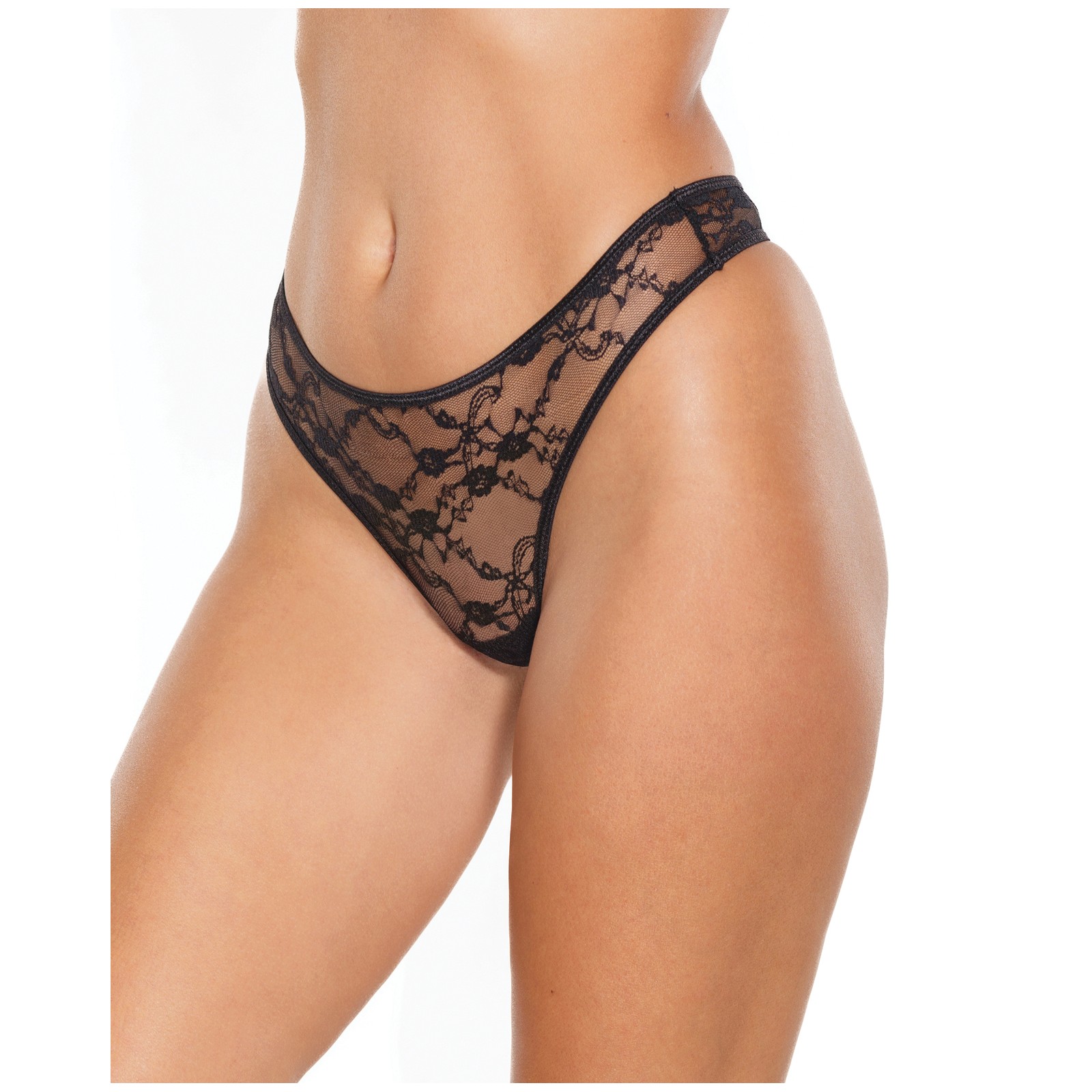 Black Stretch Lace High Leg Thong