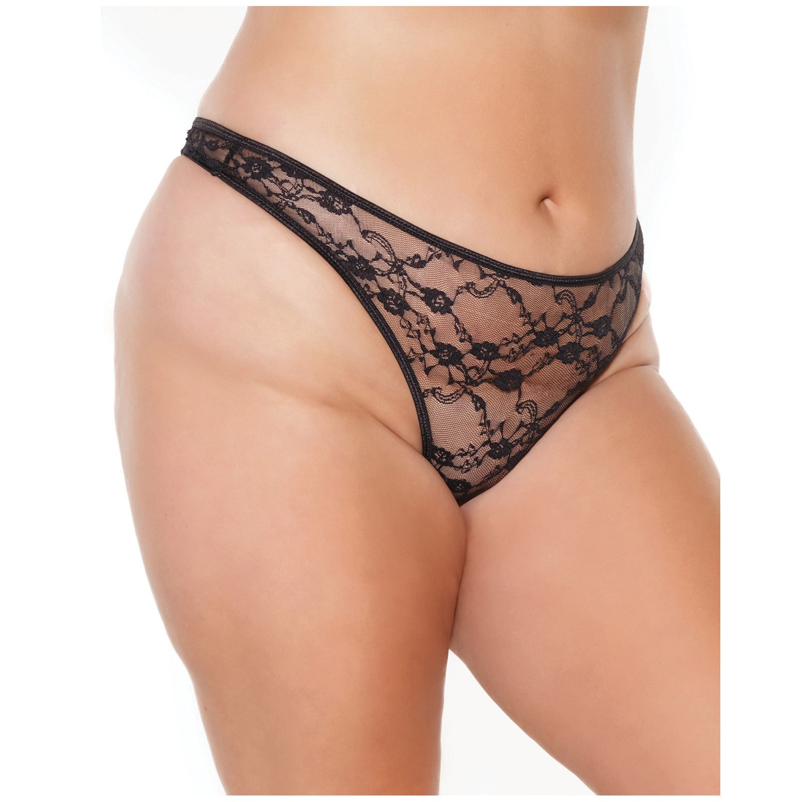 Stretch Lace High Leg Thong Black