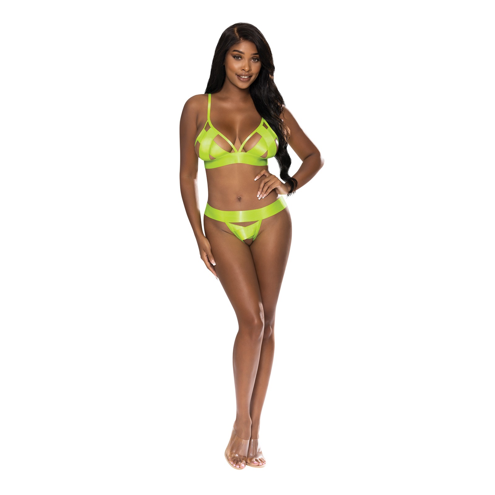 Strap Tease Bra & Crotchless Panty Neon Yellow LXL