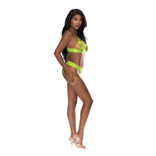 Strap Tease Bra & Crotchless Panty Neon Yellow LXL