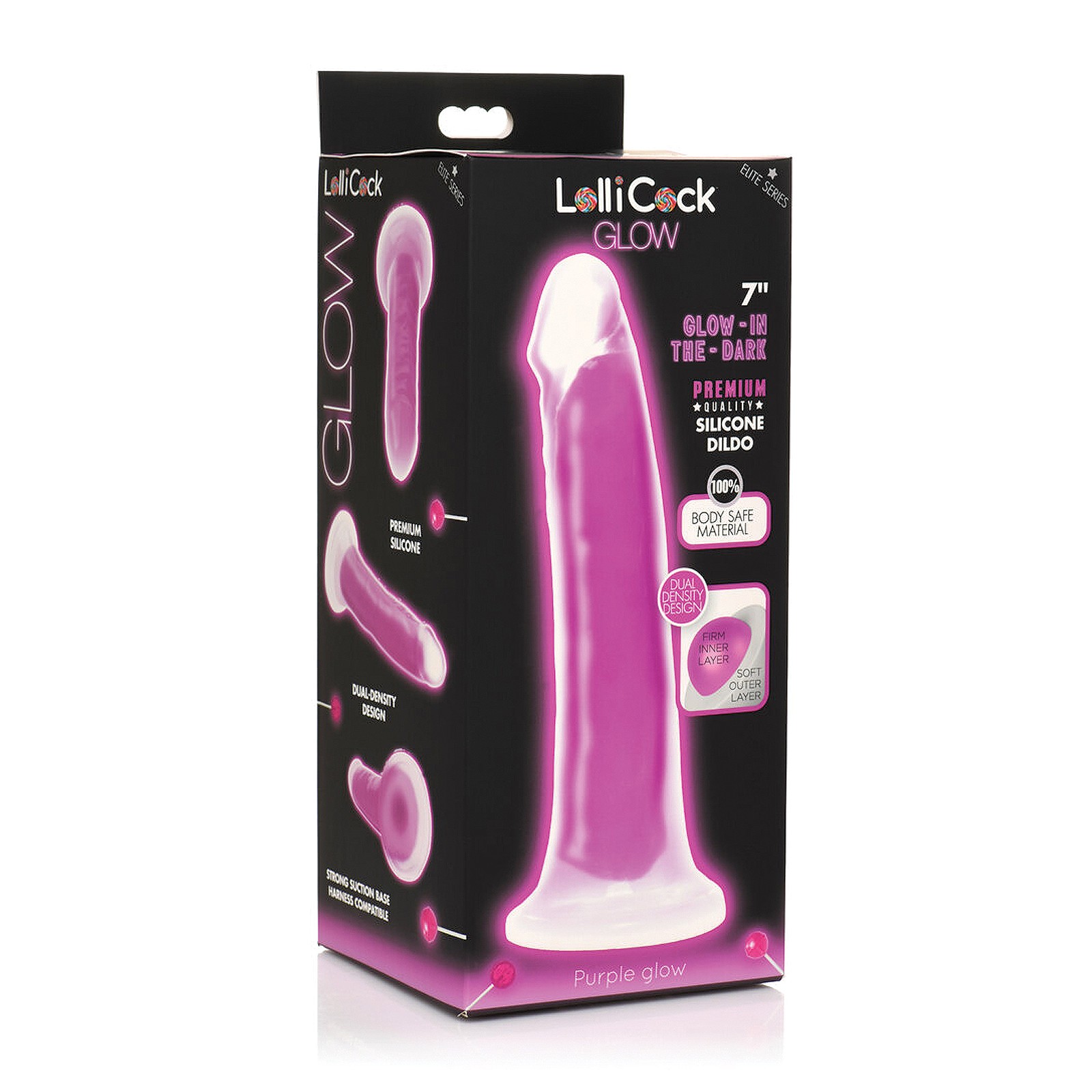 Dildo de Silicona Lollicock 7&quot; que Brilla en la Oscuridad - Púrpura