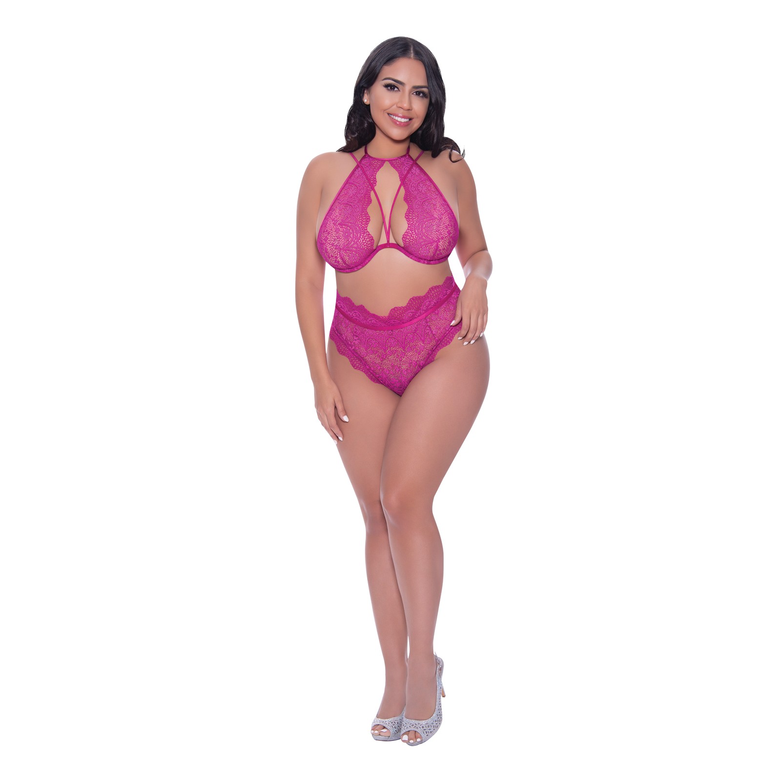 Berrylicious Lace Halter Top & Panty Set Pink QN