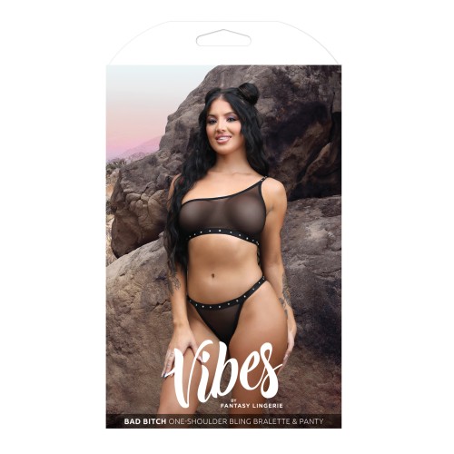 Vibes Bad Bitch One Shoulder Bling Set Black L/XL