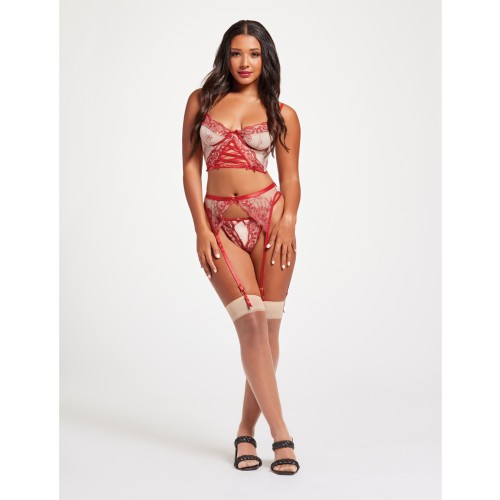 Sheer Stretch Mesh Floral Embroidery Bustier Garter Thong Red Nude LG