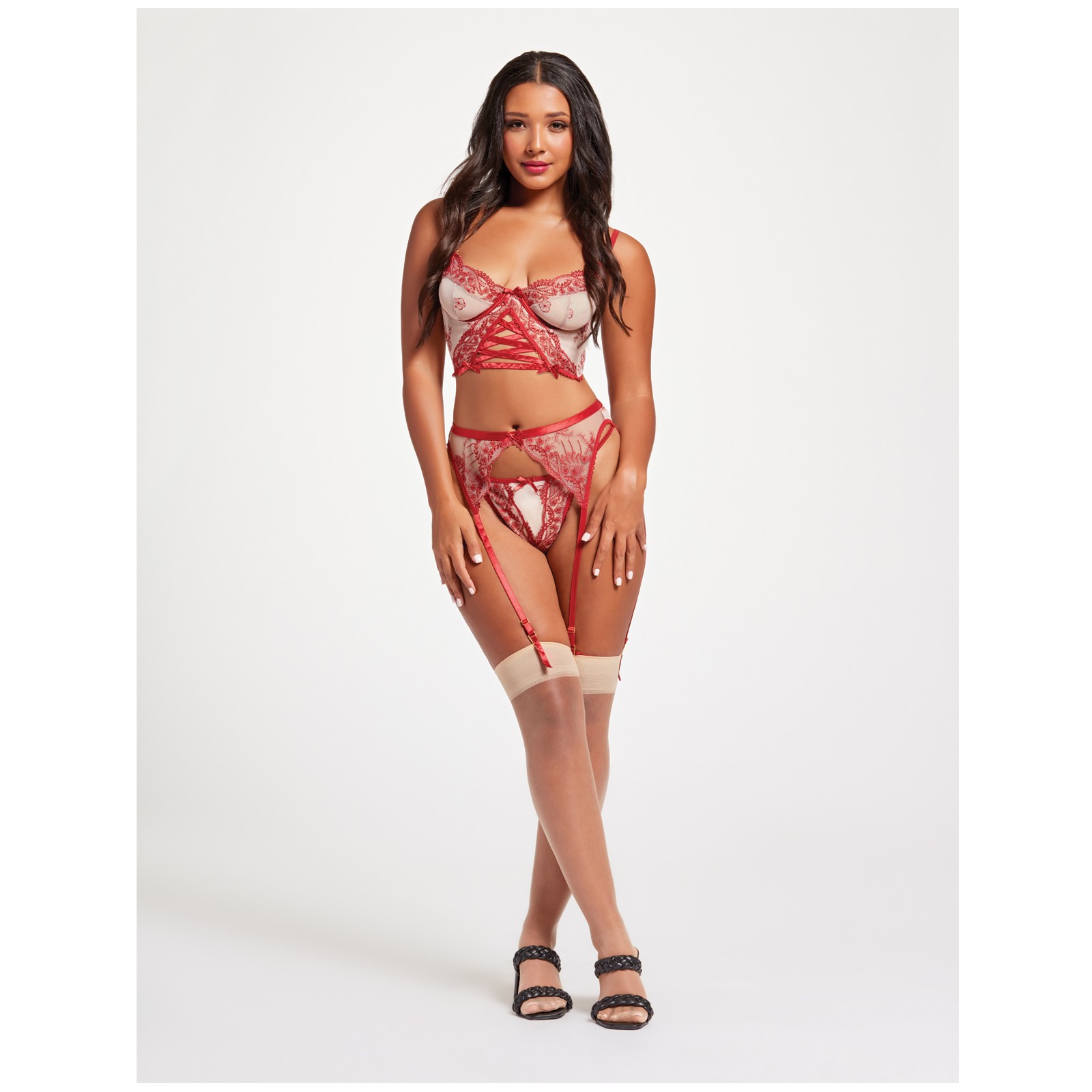 Floral Stretch Mesh Bustier Garter Belt & Thong Set in Red/Nude