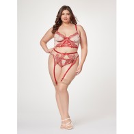 Conjunto de Bustier con Bordado Floral, Cinta de Muslo y Tanga Rojo/Nude Talla Plus