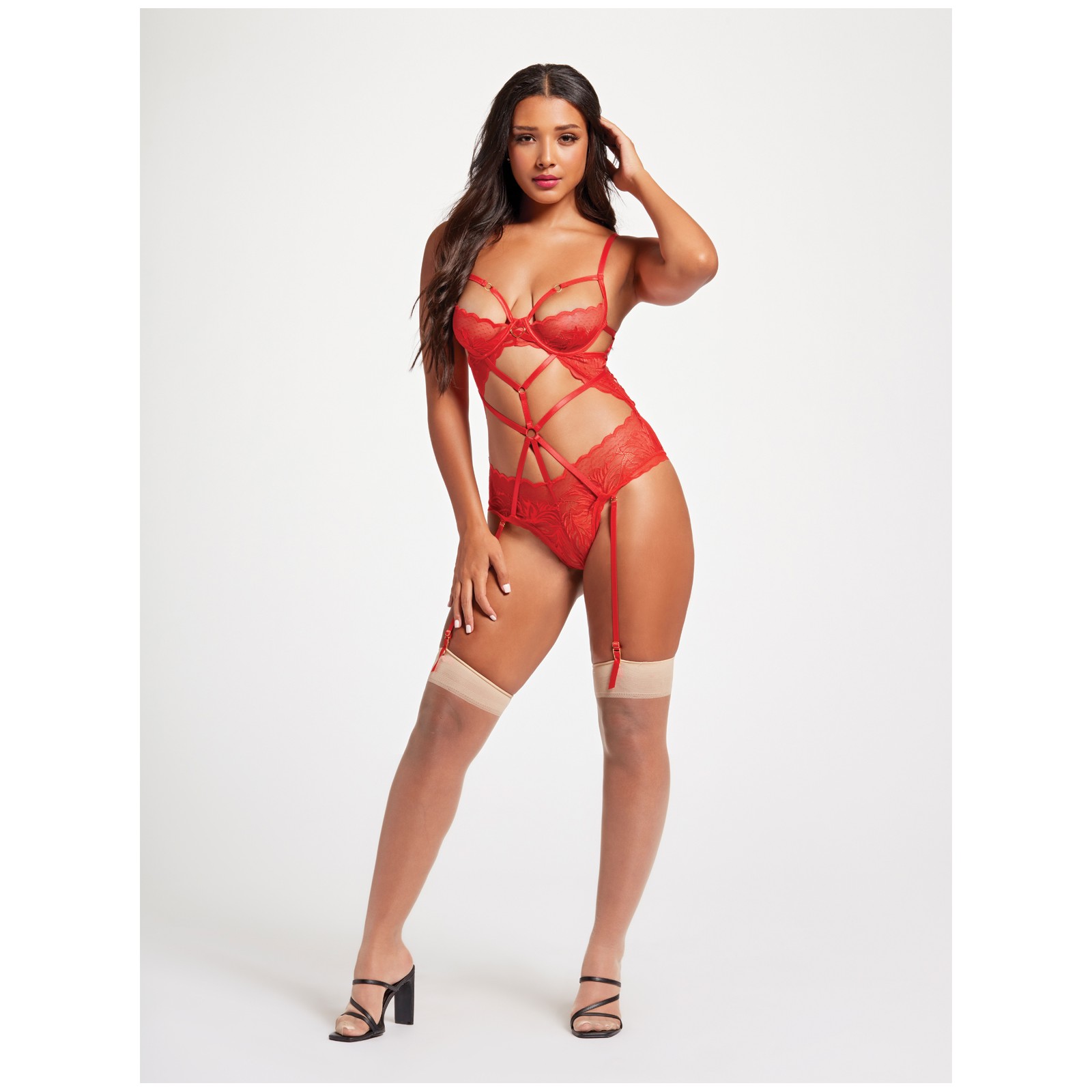 Sheer Mesh Lace Demi Cup Teddy Red