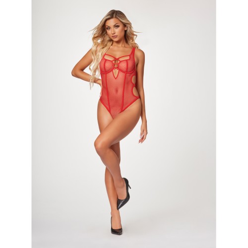 Fishnet Strappy High Cut Teddy - Red LG