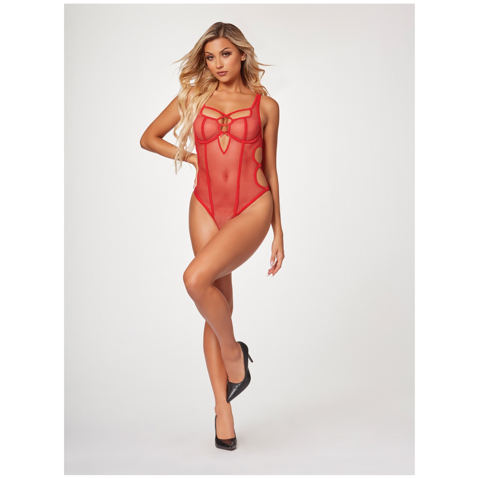 Fishnet Strappy High Cut Teddy - Red LG