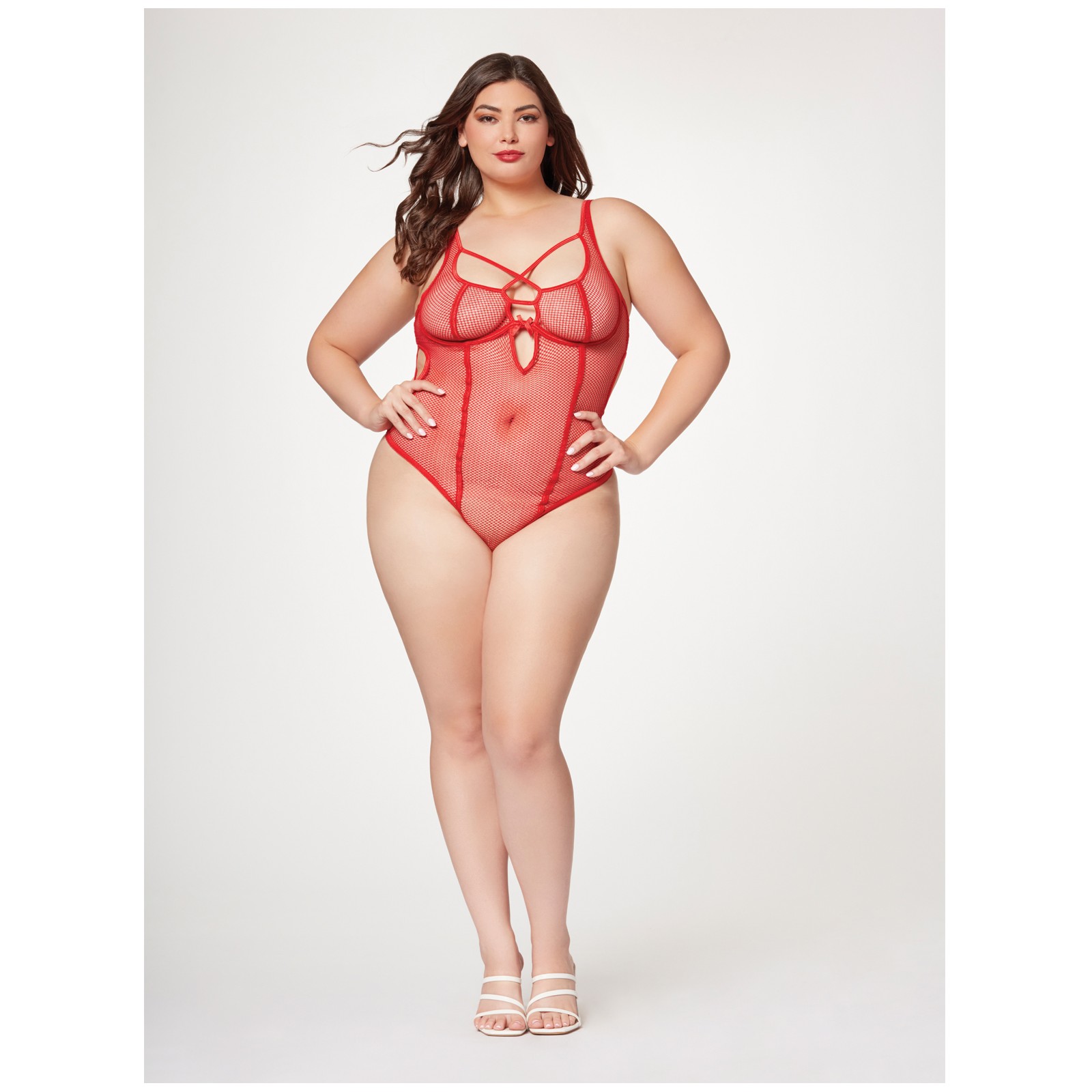 Fishnet Strappy Teddy Red 1X/2X