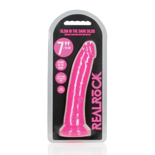 Shots RealRock Dildo Slim de 7 Pulgadas que Brilla en la Oscuridad - Rosa Neón