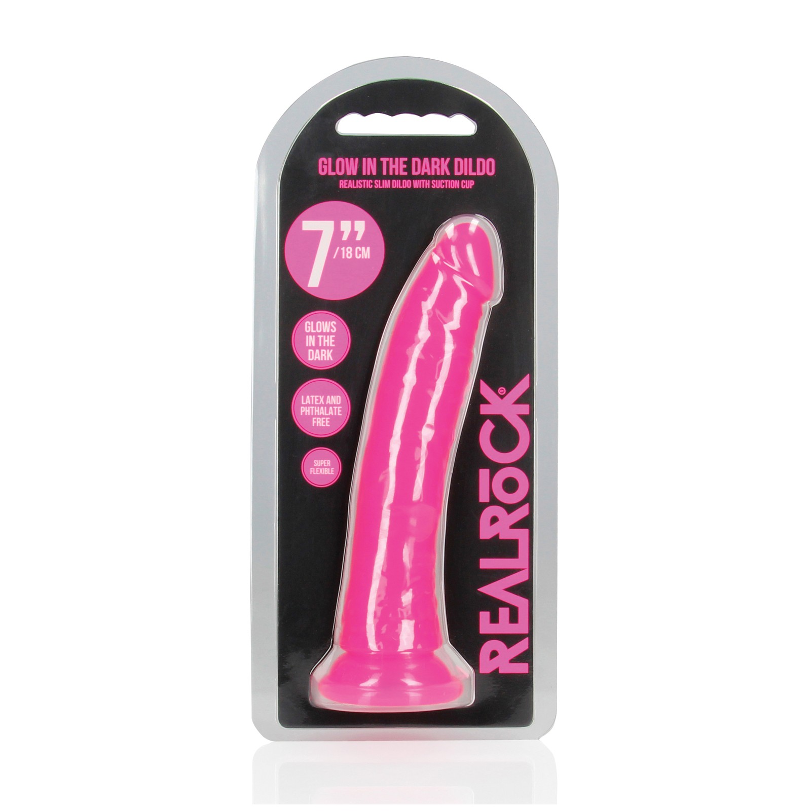 Shots RealRock Dildo Slim de 7 Pulgadas que Brilla en la Oscuridad - Rosa Neón