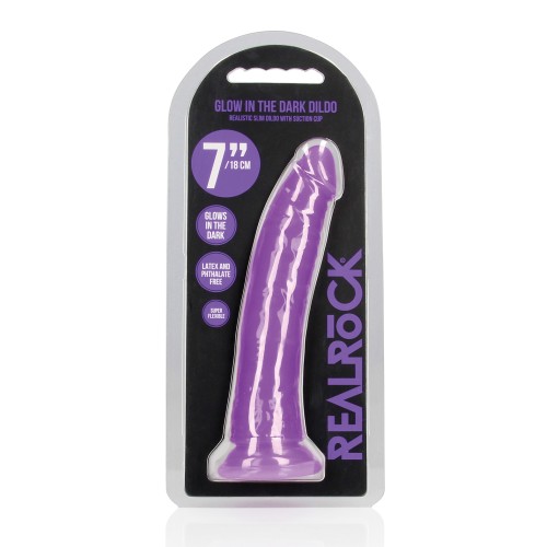 Dildo Slim 7 Pulgadas Brilla en la Oscuridad Púrpura Neón