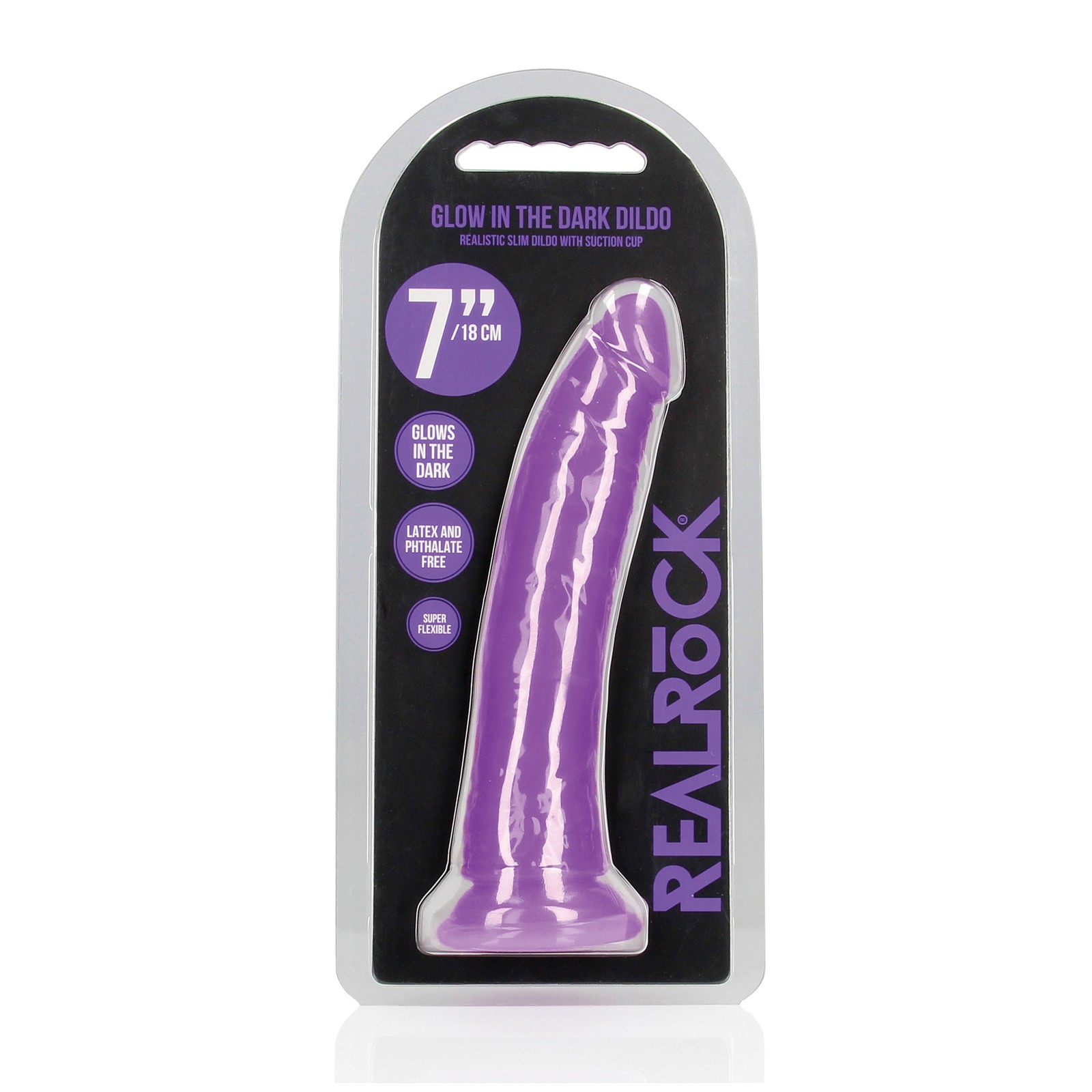 Dildo Slim 7 Pulgadas Brilla en la Oscuridad Púrpura Neón