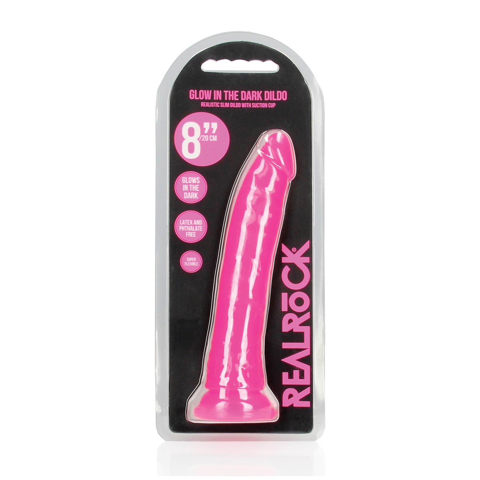 Dildo RealRock 8" Slim Brilla en la Oscuridad Rosa