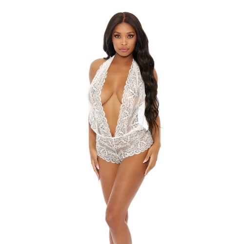 Sheer Lace Deep V Halter Bodysuit with Open Crotch - White