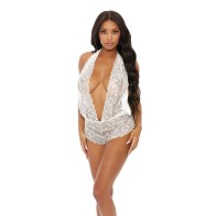 Sheer Lace Deep V Halter Bodysuit with Open Crotch - White