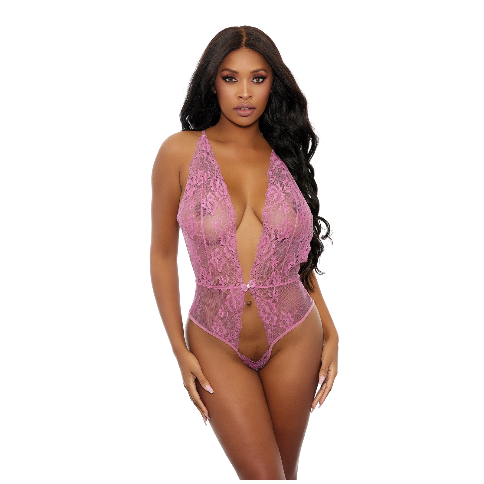 Sheer Lace Open Teddy - Pink