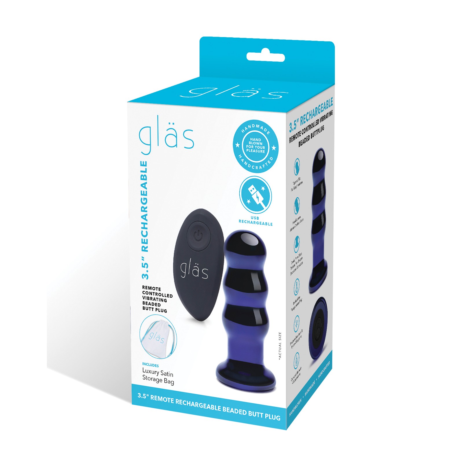 Glas 3.5 inch Vibrating Beaded Butt Plug Blue