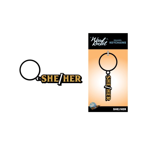 Wood Rocket She/Her Keychain - Black & Gold